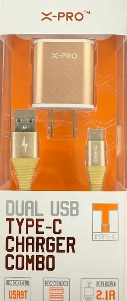 X-Pro USA9T Dual Usb Charger Type-C Cable Combo